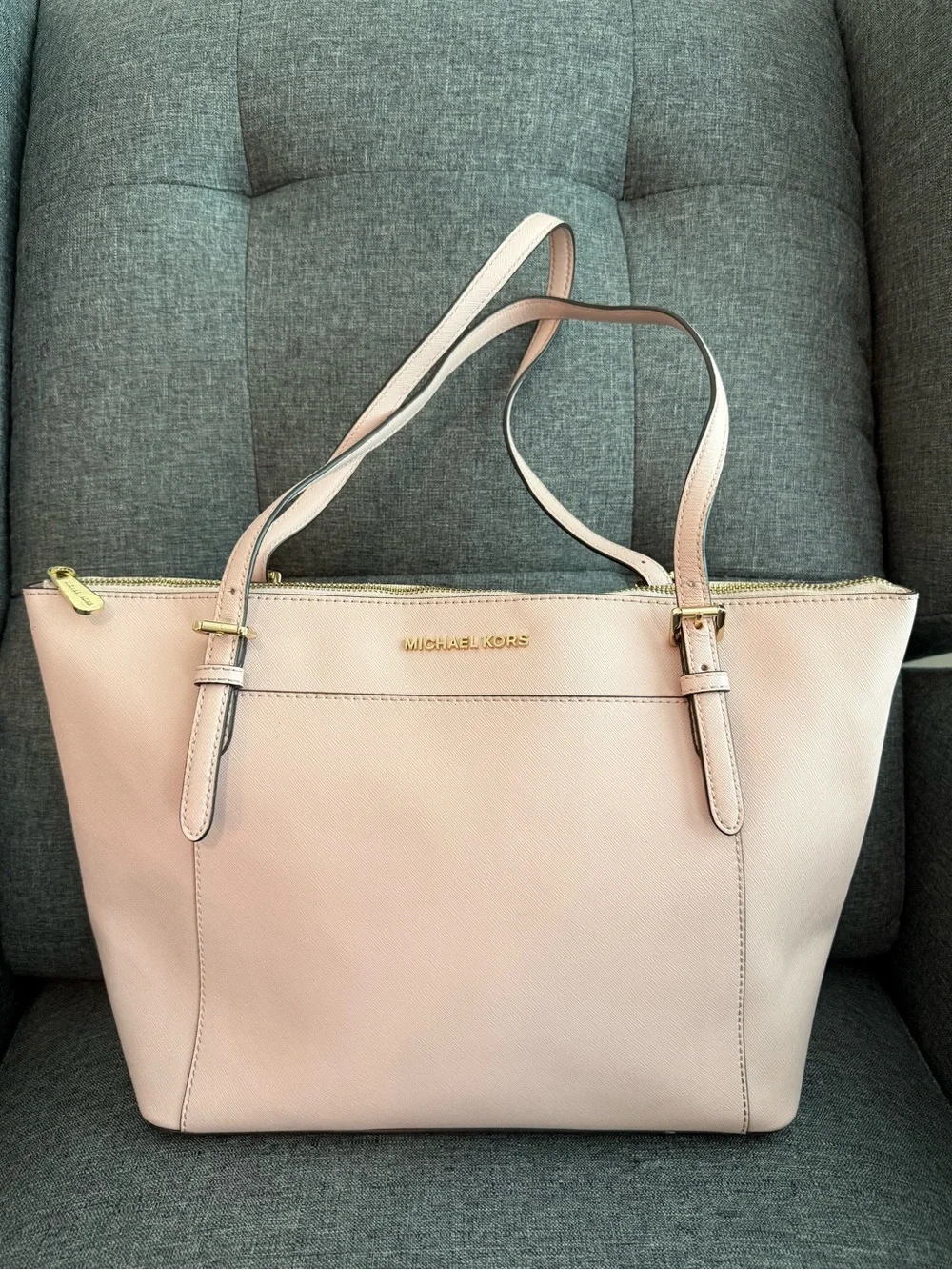 Michael Kors Ciara Large Pink Saffiano Leather Zip Tote Shoulder Bag